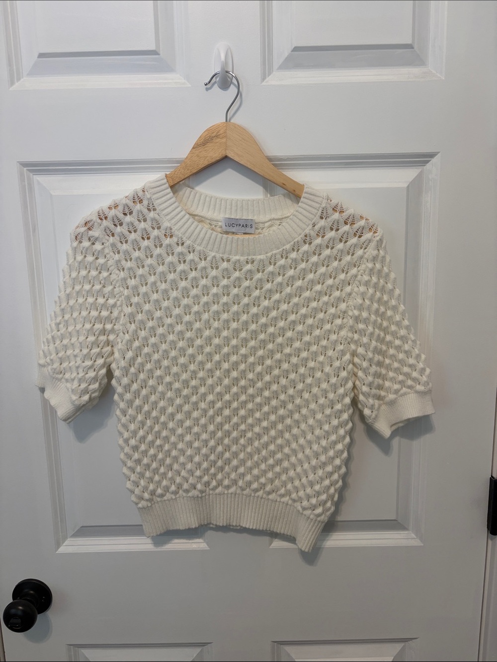 Lucy Paris Cream Short-Sleeve Honeycomb Knit Sweater